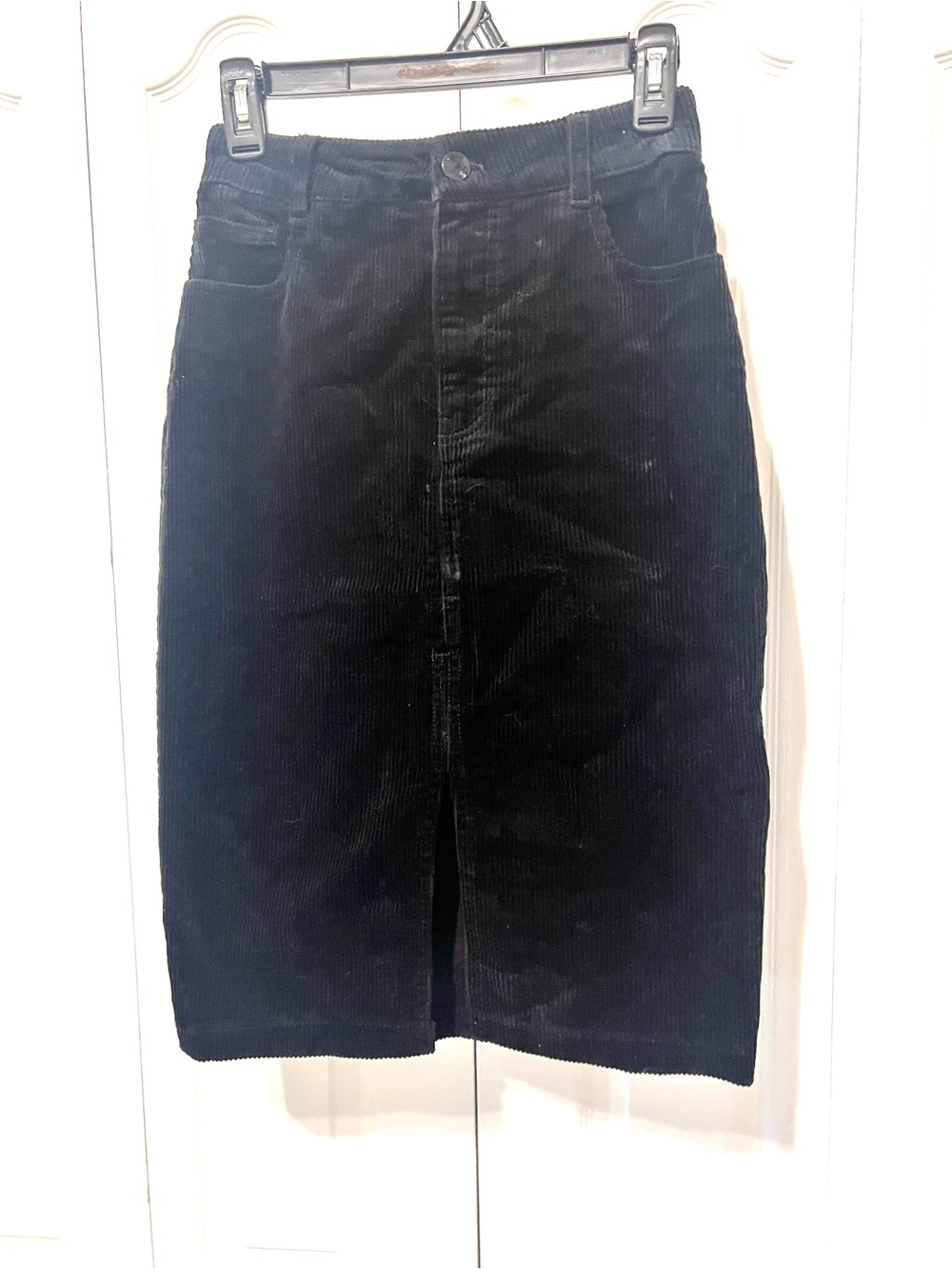 Black Corduroy Midi Pencil Skirt - Sleek Everyday Wear-Small?-Slit-Classy-Casual